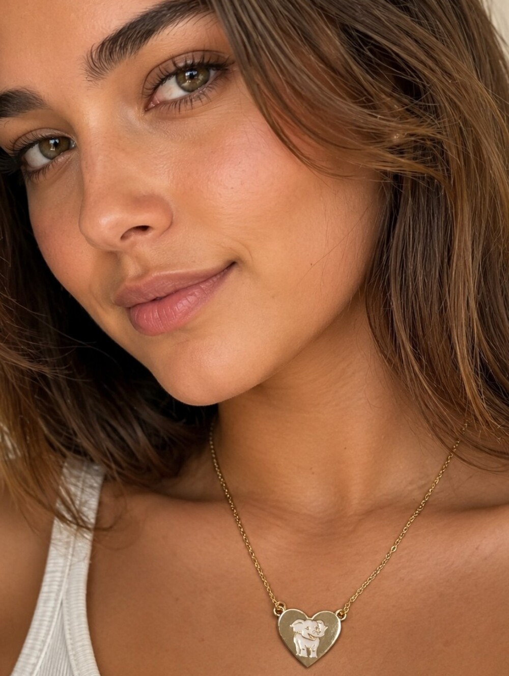 Gold Necklace Double Sided Heart Pendant Charm Engraved White Elephant
